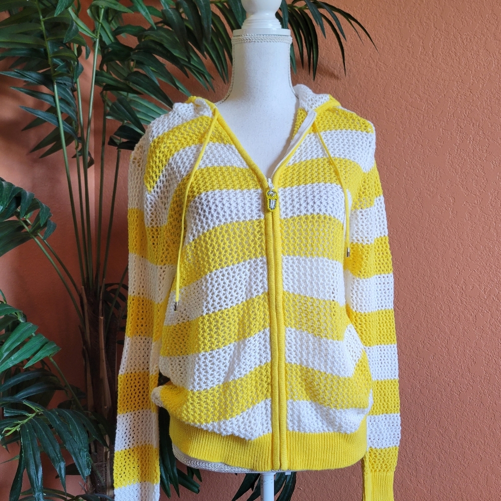 3/$25 Quacker Factory Open Knit Crochet Beach Sweater Hoodie Zipper Stripe Med - Picture 12 of 12